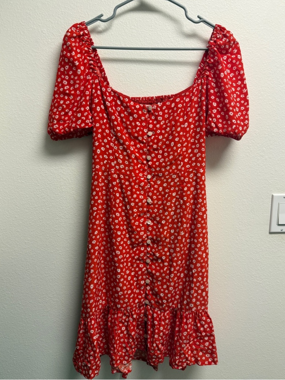 Emerson Fry Red Daisy-Print Button Mini Dress
